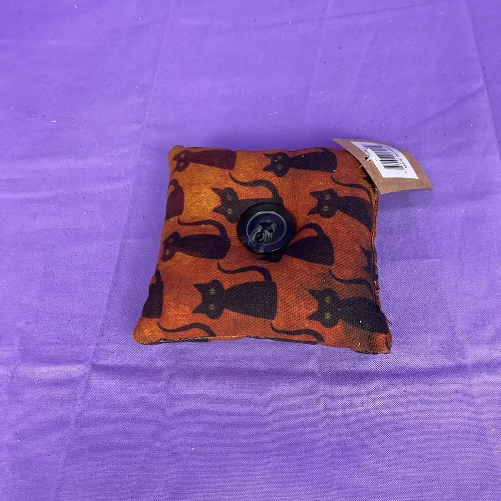 Collins Halloween Fabric Bowl Filler Pillow Orange Black Cat Print Button Accent
